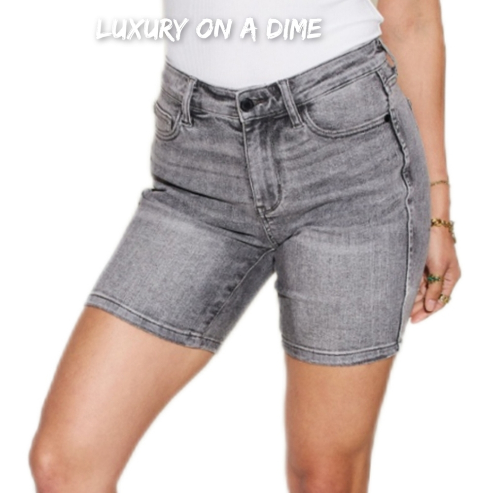 Judy Blue High Rise Bermuda Retro Grey Black Washed Slim Fit Denim Jean Shorts